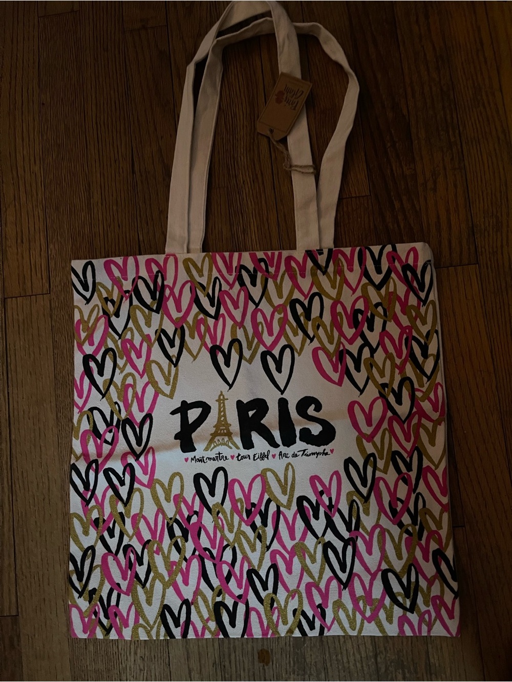 Paris Heart Print Canvas Tote Bag - Pink/Gold/Black